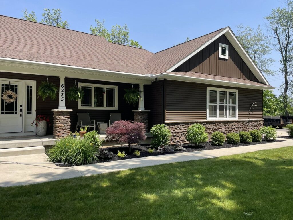 Clean edged beds and trimmed shrubs across the front of a home near Laingsburg