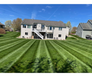 Large lawn mowed in even stripes and blown off at a property in the greater Lansing area