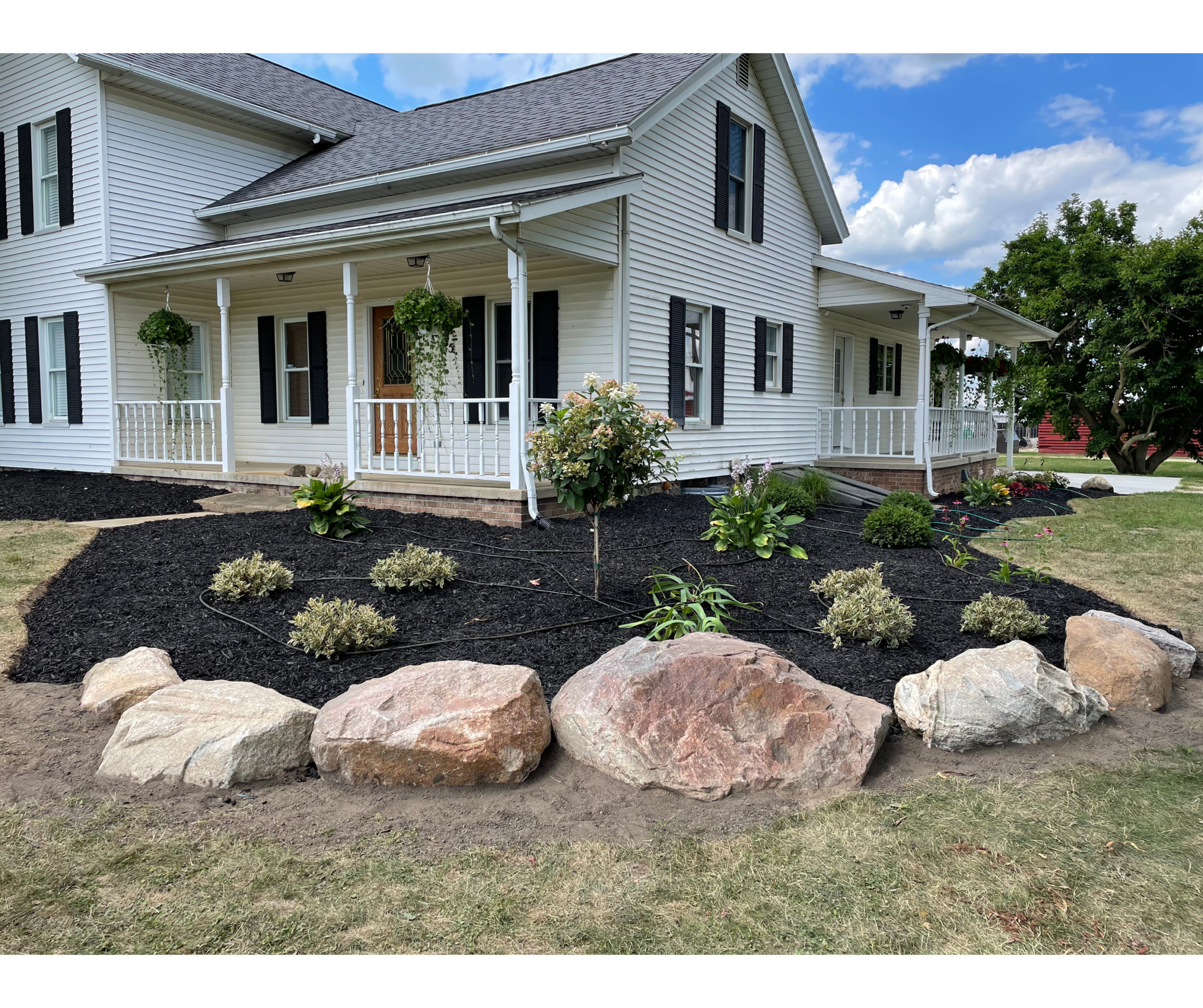 New mulch bed with boulders and fresh plantings across the front of a white farmhouse
