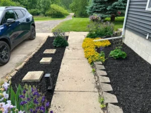 Black mulch bed with stone edging and spring flowers running along a concrete walkway and driveway